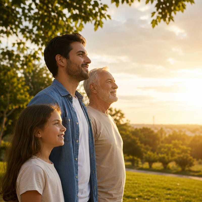 Em um local arborizado, um jovem pai, com sua filha e seu pai, três gerações olhando o por do sol, numa alusão ao dia da saúde ocular.