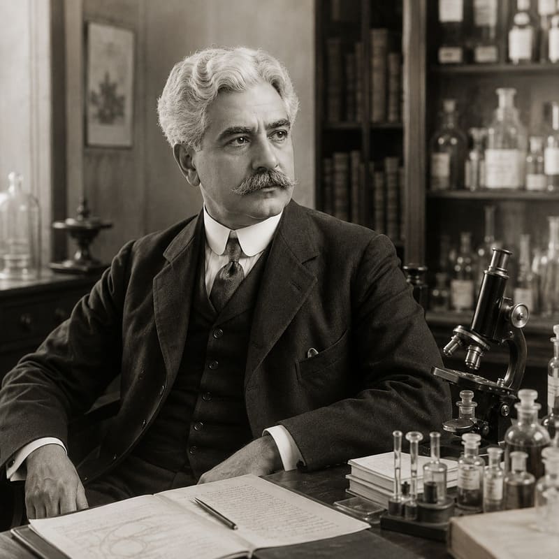 Foto em preto e branco, do médico sanitarista Oswaldo Cruz, em uma pose elegante, sentado em sua mesa de trabalho, dentro de uma laboratório clínico.