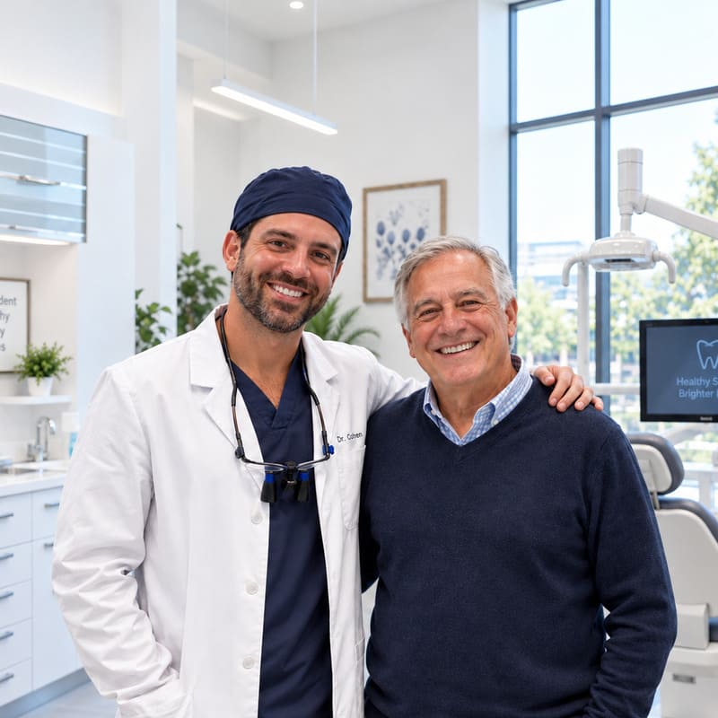 Um dentista ao lado do seu paciente já idoso, abraçando-o laterlamente, ambos sorrindo, num consultório muito claro e iluminado.
