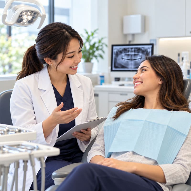 Uma dentista e sua paciente, na cadeira odontológica, conversam sobre seu tratamento, ambas com ar de muita satisfação, e sorridentes, num consultório iluminado e elegante.