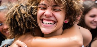 Duas amigas se abraçando com um sorriso muito expressivo, em meio a uma multidão que sorri, em um evento ao ar livre, num dia ensolarado.